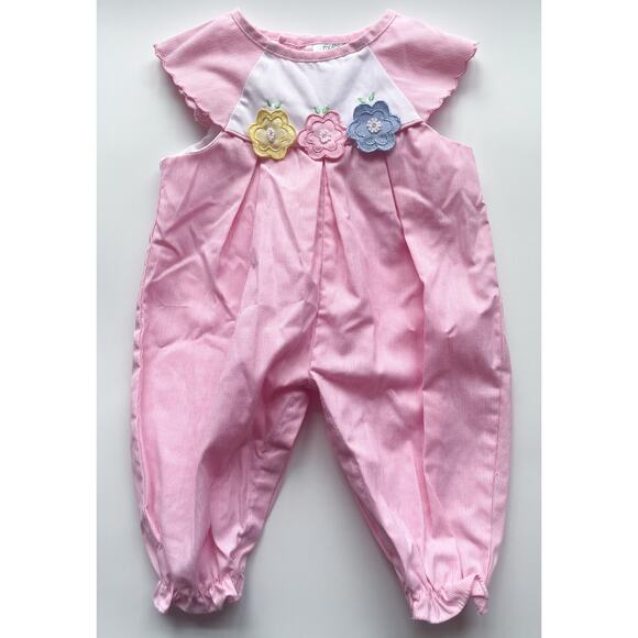 Baby Girl's Vintage One Piece Pink Pinstripe Floral Romper Size 3-6 Months - Picture 1 of 4